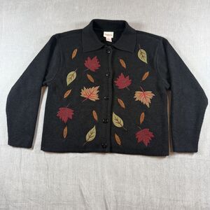Crystal-Kobe Sweater Womens PL Fall Leaf Cardigan Knit Collared Autumn
